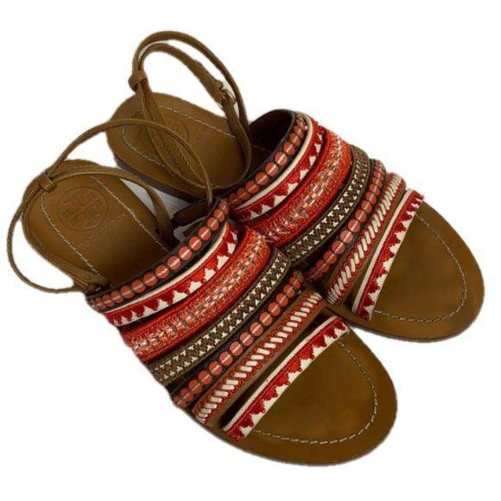 COPY - Tory Burch Sandal Embroidered Leather Poppy Red